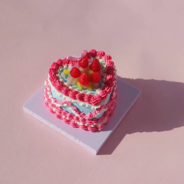 Air Dry Clay Miniature Birthday Cake Set Springtime Blue Heart with Strawberries