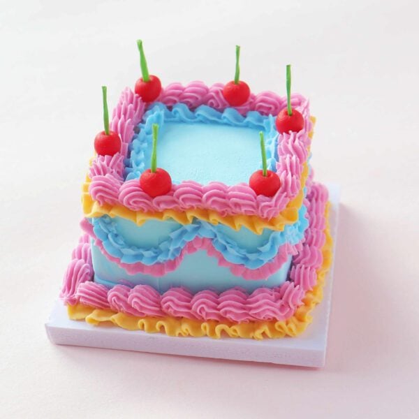 Elegant Blue Square Mini Cake Crafting Kit: Complete with Clay Cherry Decorations